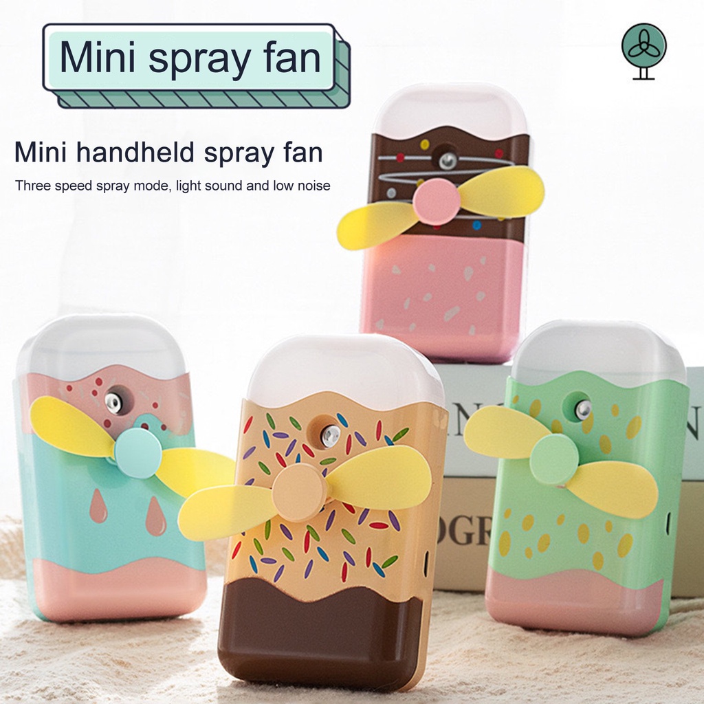 QUẠT CẦM TAY MINI TÍCH ĐIỆN KẾT HỢP PHUN SƯƠNG HÌNH CÂY KEM NGỘ NGHĨNH