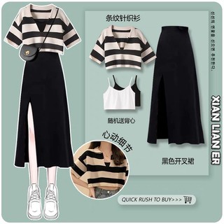 Váy xẻ tà + set 2 món áo montoghi sọc 🔥 hot