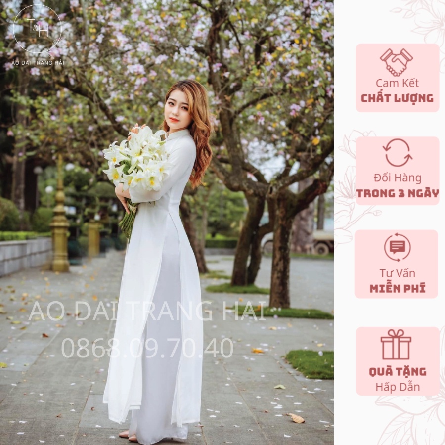 Áo dài trắng học sinh 4 tà chifon cổ truyền thống-Trang Hải