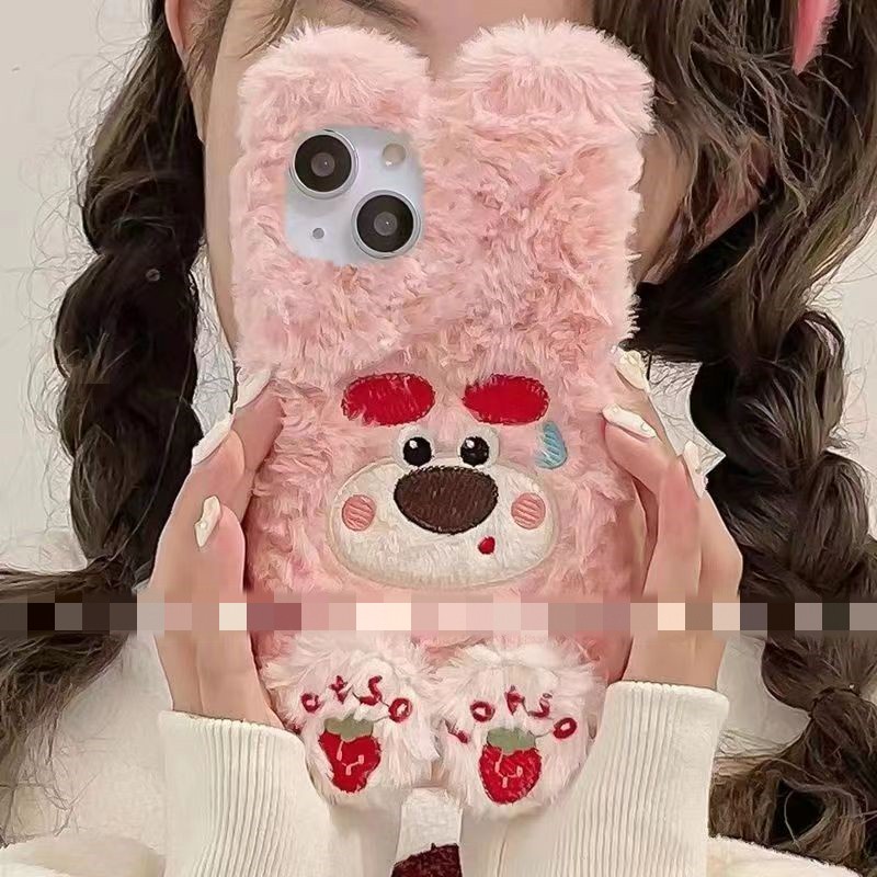 Ốp Điện Thoại Lông Xù Mềm Hình Gấu Dâu Tây Đáng Yêu Cho iPhone 14 12 11 13 Pro max  xs max 7 8 Plus