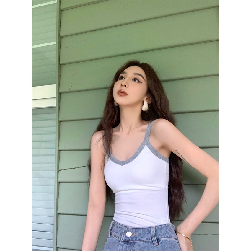 QADCOL Áo Hai Dây Mỏng Ôm Dáng Màu Sắc Tương Phản Phong Cách Hong Kong Cho Nữ