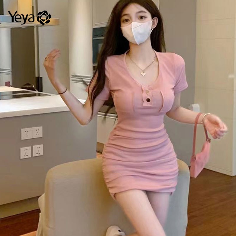 Đầm YEYA xếp ly lưng thấp ôm hông khoét rỗng màu trơn quyến rũ cho nữ