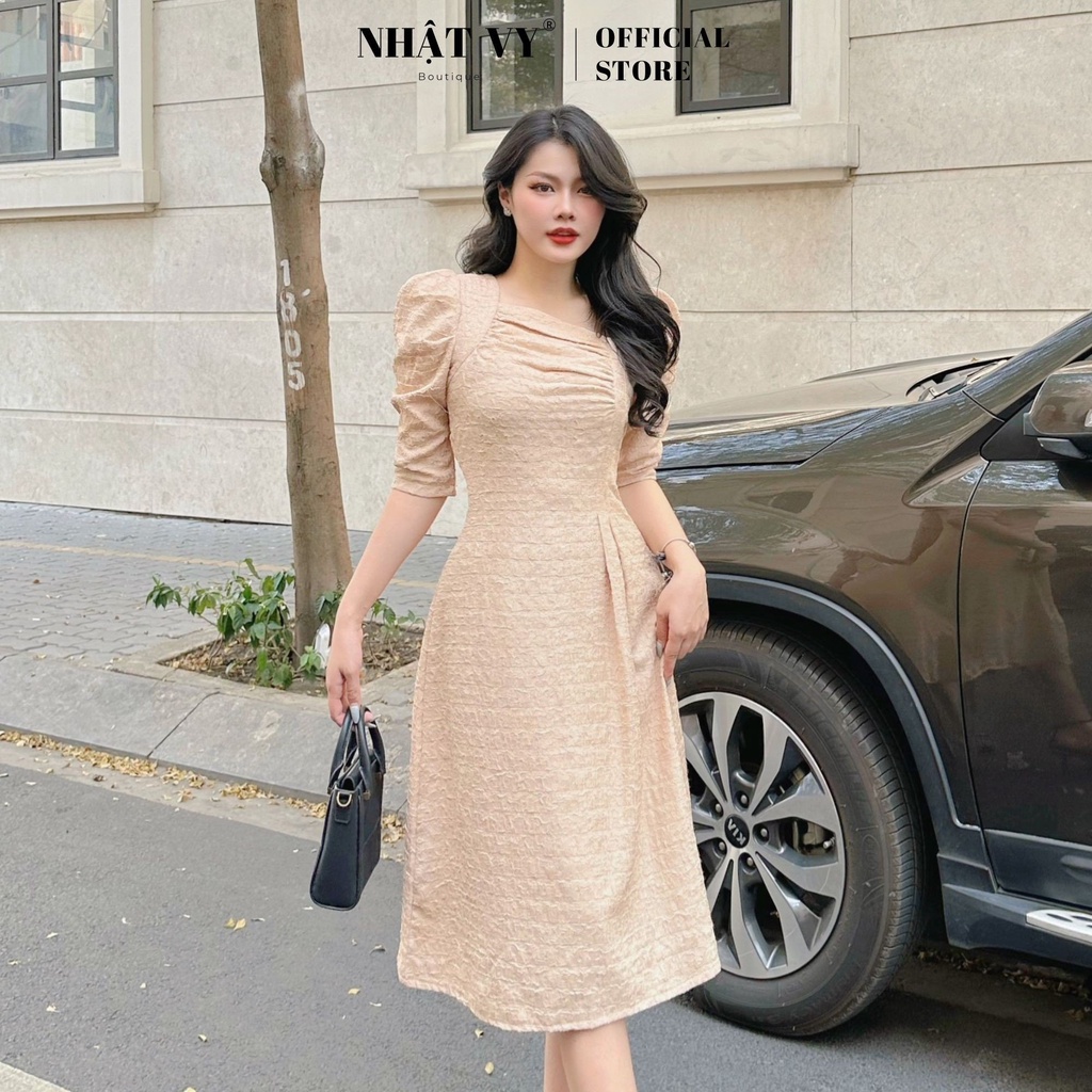 Đầm Dự Tiệc NHẬT VY Tay Lửng Cổ Kiểu Nhún Ngực Dáng Xoè Chất Xốp Thun Màu Nude Đen - D2441