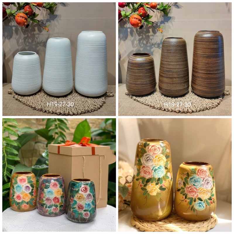 Bình hoa, lọ hoa dáng đu đủ nhiều màu gốm Bát Tràng, bình cắm hoa gốm Mộc, bình vẽ tay hoa 3D gốm Bát Tràng