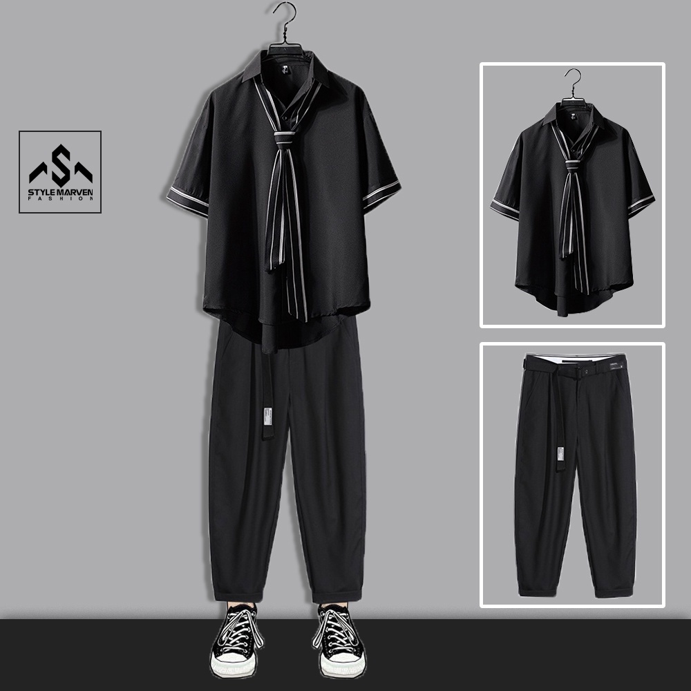 Bộ Quần Áo Sơ Mi Nam Ngắn Tay Phối Ca Vát Quần Tây Âu Phong Cách Hàn Quốc sozo store - AO SOMI 015 + JOGGER 066C