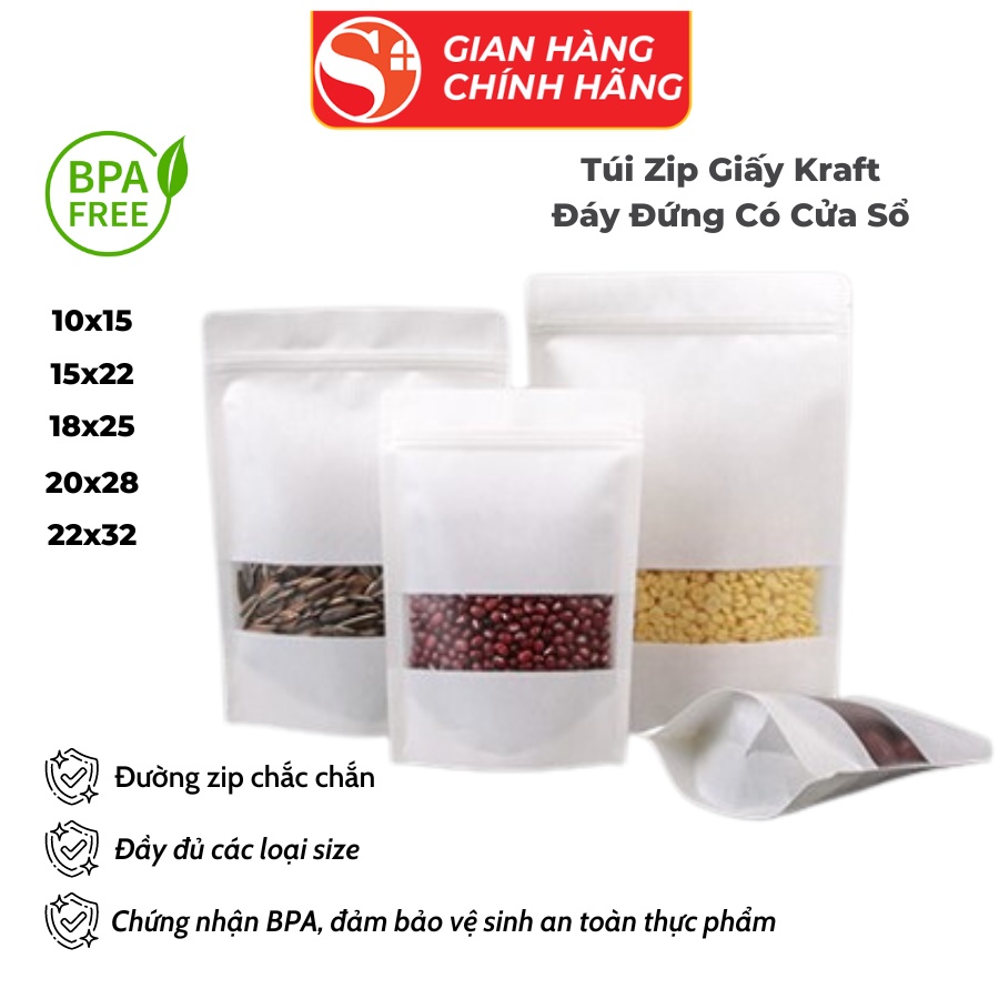Túi Zipper Giấy Kraft ShineYe Màu Vàng Thiết Kế Đáy Đứng Cửa Sổ Tràn Có Cán Màng Chống Thấm Nước Dễ Dàng Bảo Quản