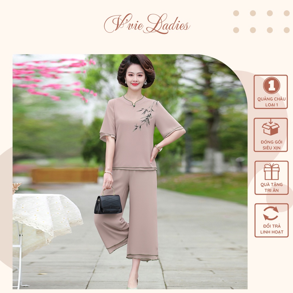 Đồ bộ trung niên nữ cho mẹ Voan lụa Quảng Châu cao cấp V'vie Ladies #B04