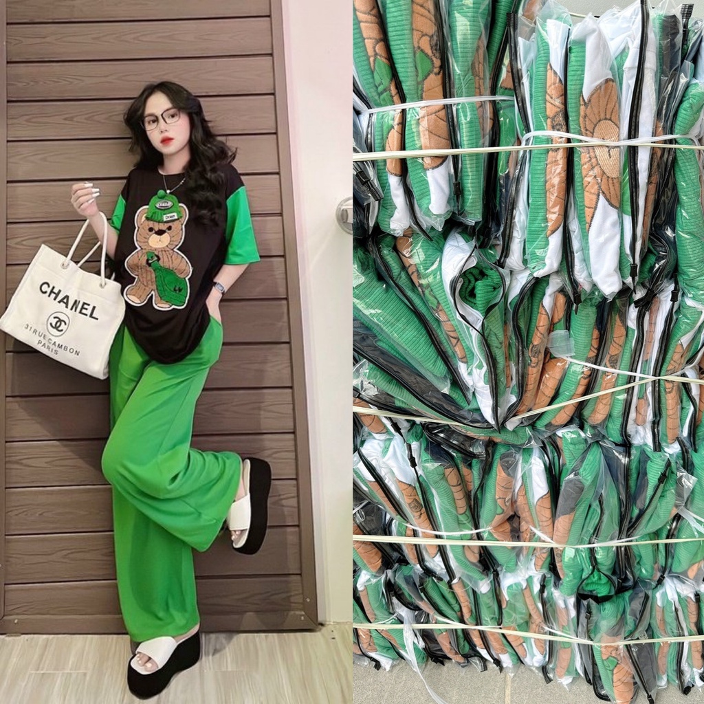 Set đồ bộ nữ quần dài tay ngắn họa tiết gấu dễ thương