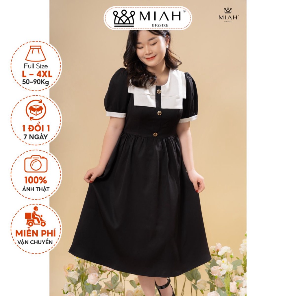 Đầm Bigsize váy đen thiết kế cộc tay mùa hè phối cổ điệu Morela chất chéo hàn cao cấp cực mát MIAH BIGSIZE DA0045