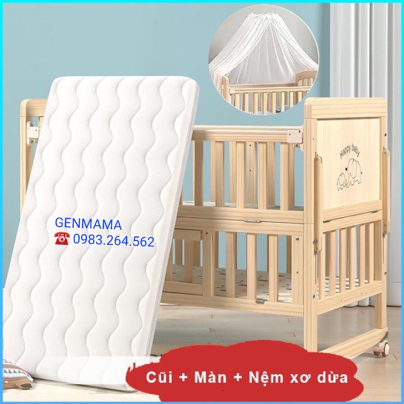 Nôi cũi cho bé,Cũi trẻ em đa năng size 105 x 60 x 90 cm kèm đệm sơ dừa,Giường nôi cho bé ghép cạnh giường bố mẹ GENMAMA