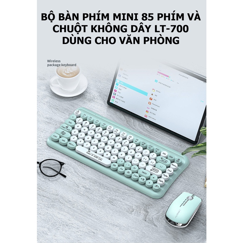 Bộ bàn phím mini 85 phím nút tròn và chuột không dây dùng cho văn phòng - Piggyy