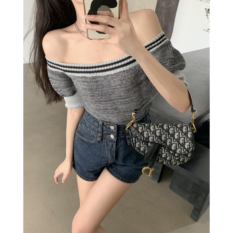 Lalisas Áo Dệt Kim Ngắn Tay Ôm Eo Phong Cách retro Thời Trang Hàn Quốc Cho Nữ