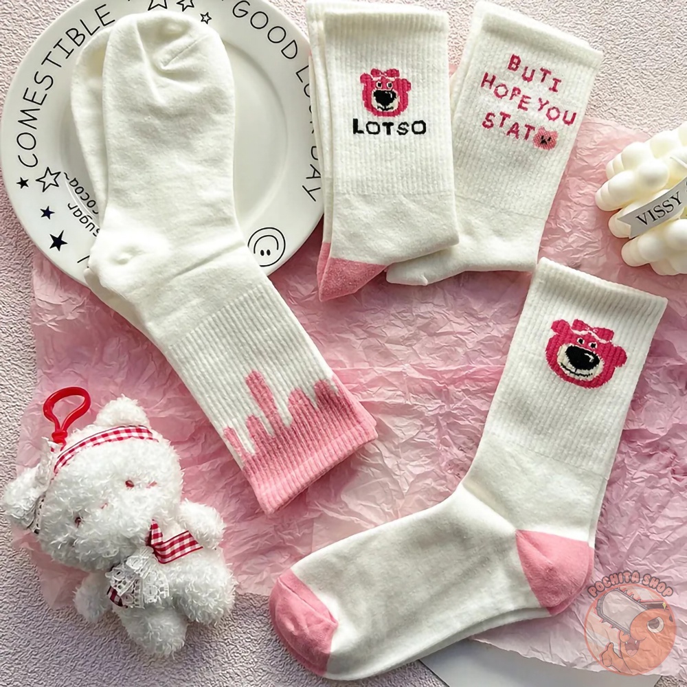 Tất Cổ Cao In Họa Tiết Gấu Dâu Tây Lotso Bear Hoạt Hình Disney Màu Hồng Dễ Thương, Vớ Nữ Cotton Dài Phong Cách Nhật Bản