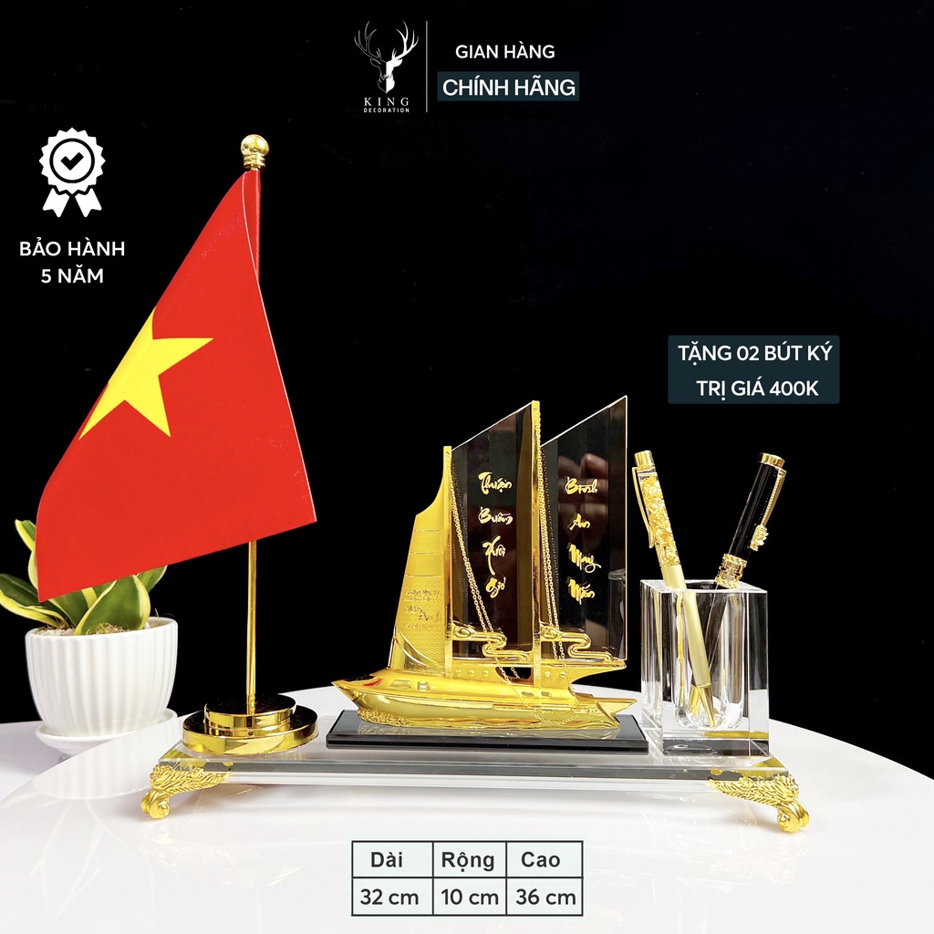 Hộp Đựng Bút Doanh Nhân Thuyền Thuận Buồm Xuôi Gió Hiện Đại có Cờ, Chất Liệu Đồng Mạ Vàng và Pha Lê K9, Hộp Bút Để Bàn