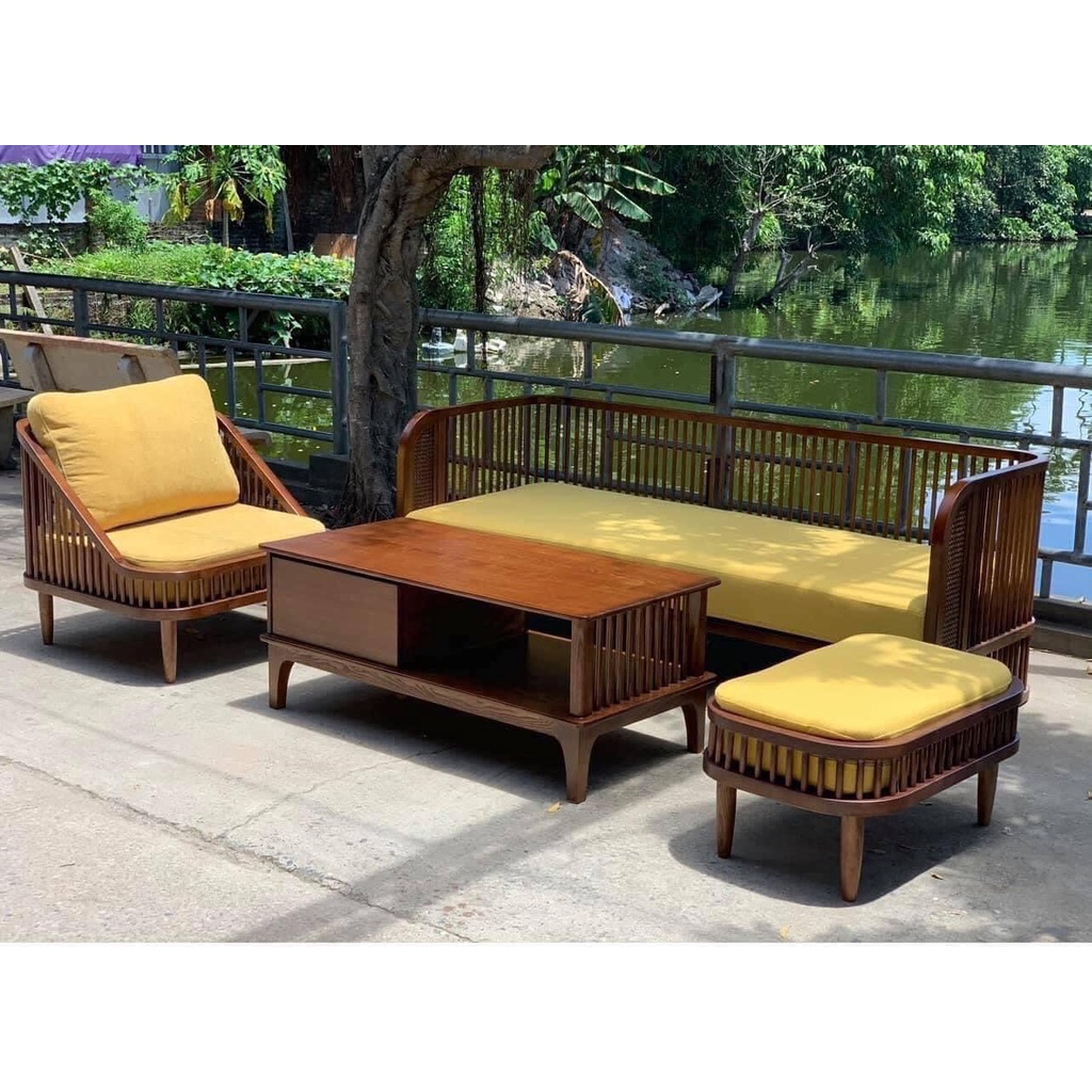 Ghế sofa phòng khách gỗ sồi nga phong cách indochine hiện đại kèm đệm ngồi đa dạng màu sắc