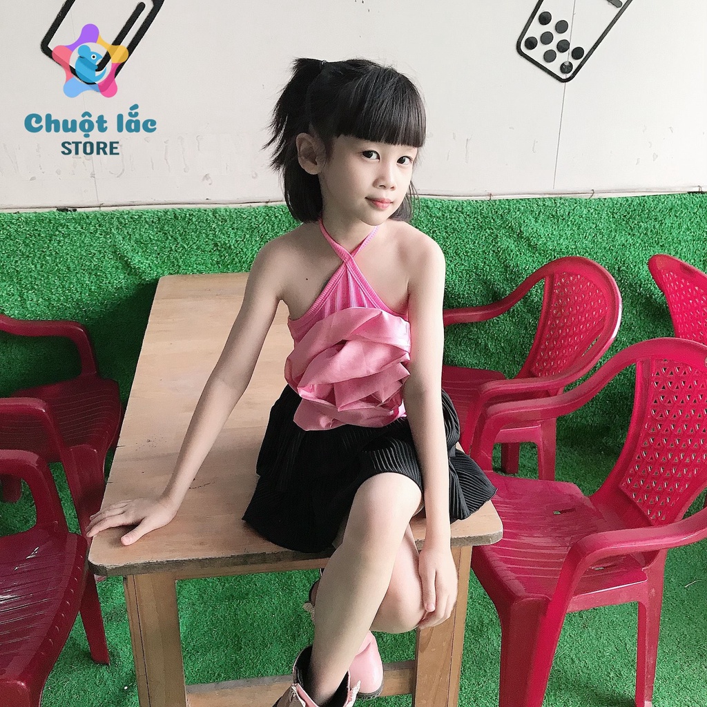 Sét váy bé gái kiểu yếm hoa hồng chân váy dập li 2 tầng 8kg đến 20kg