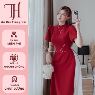 Áo dài cách tân đỏ tay bồng ngắn cổ vuông 2cm-Trang Hải