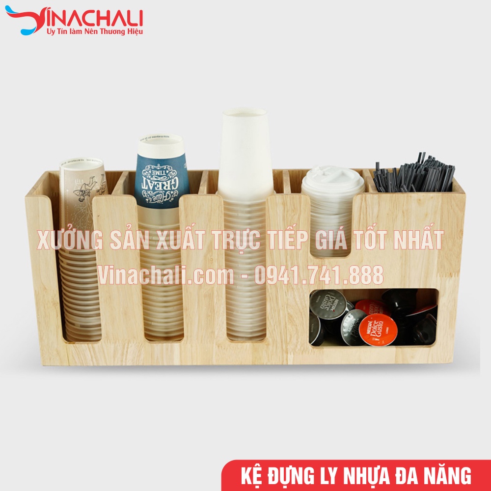 Khay Đựng Ly, Giá Để Cốc, Kệ Đựng Ly Nhựa Trà Sữa, Ly Giấy, Ống Hút, Khăn Giấy Đa Năng 6 Ngăn - Gỗ Tự Nhiên Cao Cấp
