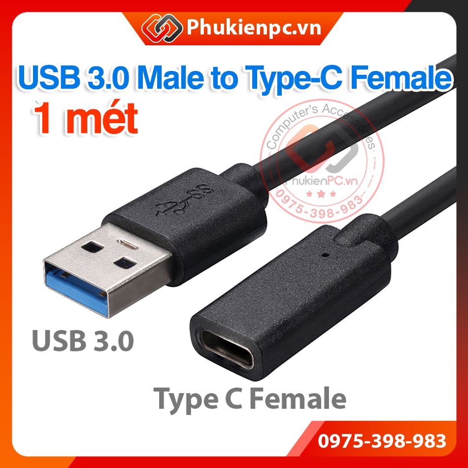 Dây cáp USB 3.0 Male chân Đực to Type-C Female chân Cái, dài 1m Kết nối thiết bị USB-C với cổng USB-A máy tính PC Laptop