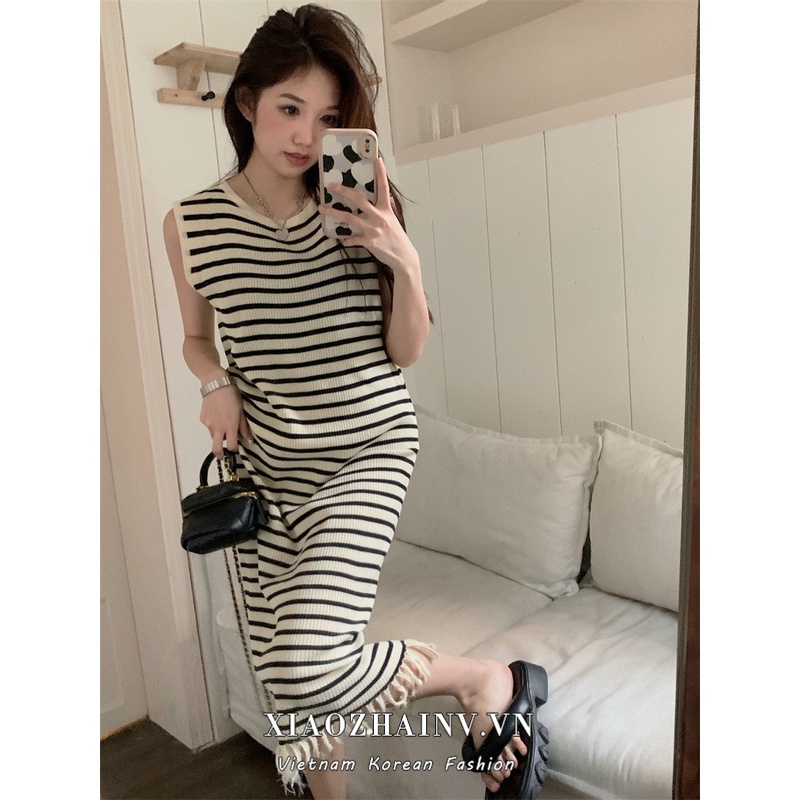 Xiaozhainv Đầm maxi Dệt Kim Sát Nách Cổ Tròn Họa Tiết Kẻ Sọc Phong Cách retro Hàn Quốc Cho Nữ