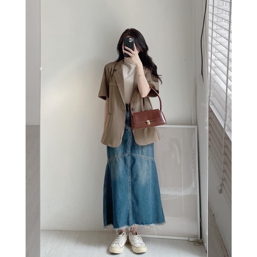 Áo blazer cộc tay EMIX, vest freesize dưới 58kg, hai cúc liên, chất trượt hàn