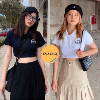 Áo croptop polo cổ sơ mi 2 màu đen trắng