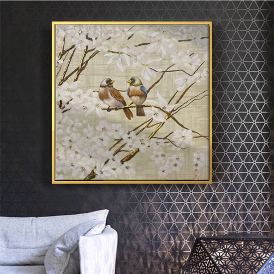 Tranh canvas treo tường hoa và đôi chim decor phòng khách phòng ngủ - 70 x 70 cm