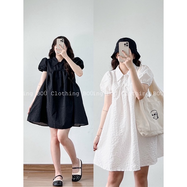 Đầm babydoll xốp hoa tay phồng cổ sơmi dễ thương, xinh đẹp dành cho nữ (ảnh thật)