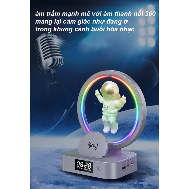 Loa bluetooth Phi hành gia đa năng kiêm Sạc không dây, Đồng hồ, Đèn led nháy theo nhạc dercor phòng