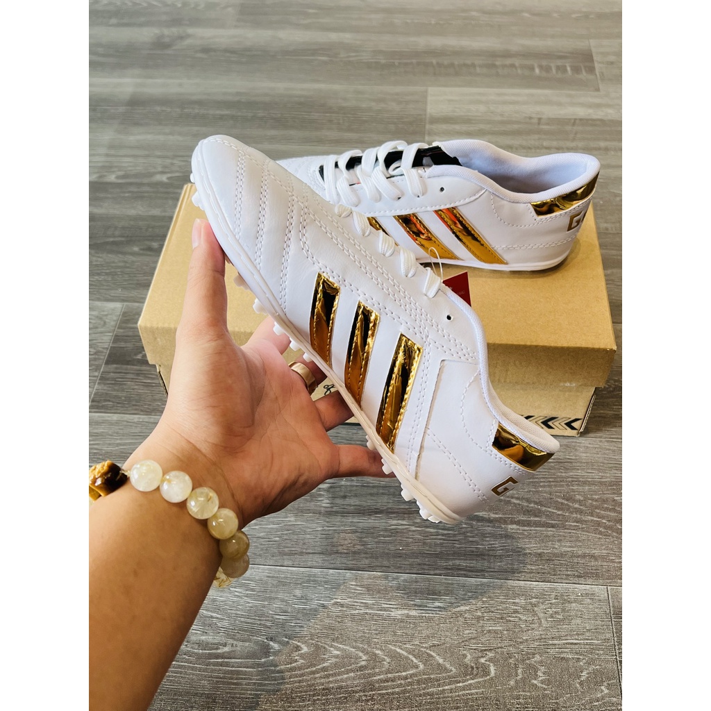 Giày Bóng Đá 3 Sọc Geet Chính Hãng, Màu Trắng Sọc Vàng Sân Cỏ Nhân Tạo