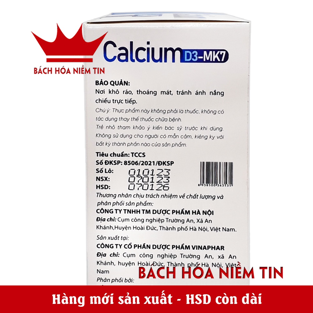 Calcium D3 Mk7 - Viên uống bổ sung calci vitamin D3, K2 giúp xương chắc khỏe, ngừa loãng xương - Hộp 100 viên