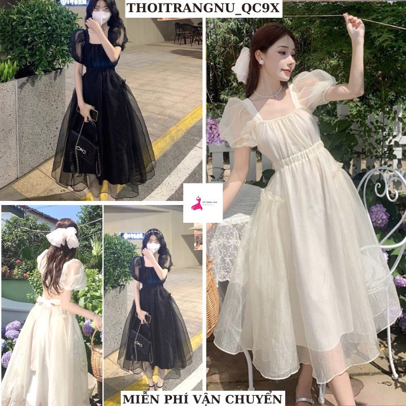 Váy công chúa tay bồng cổ vuông dáng dài 2 lớp bao đẹp ,đầm voan công chúa nơ lưng trẻ trung năng đồng THOITRANGNU_QC9X