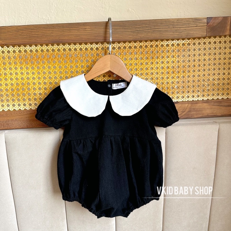 V9 Bộ liền thân bodysuit đen cổ trắng Vkid phong cách tiểu thư cho bé gái size 5-13kg