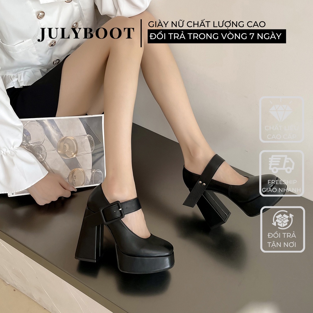 (SẴN) Giày Mary Jane Sandal Gót Trụ Cao 12 cm Có Quai Tiểu Thư Màu Trắng Đen tru10