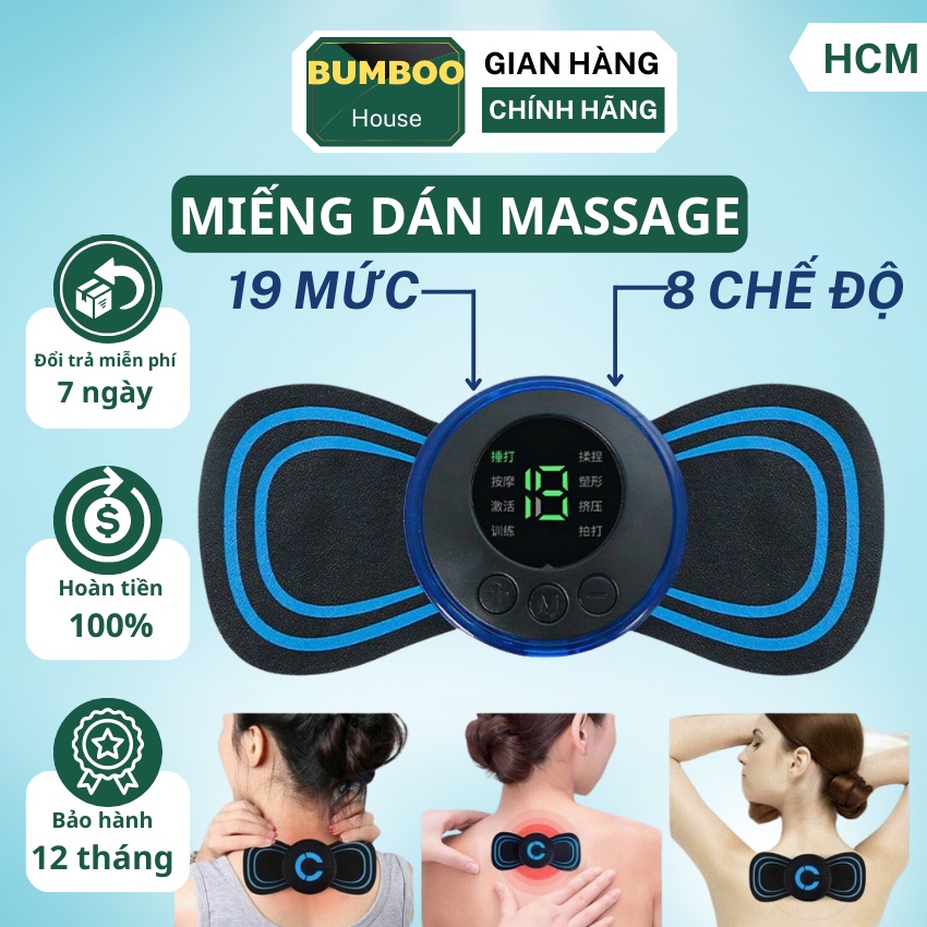 Miếng dán massage xung điện mini cổ vai gáy, cơ bắp tay toàn thân, 10 chế độ massage chế độ sạc pin tiện dụng