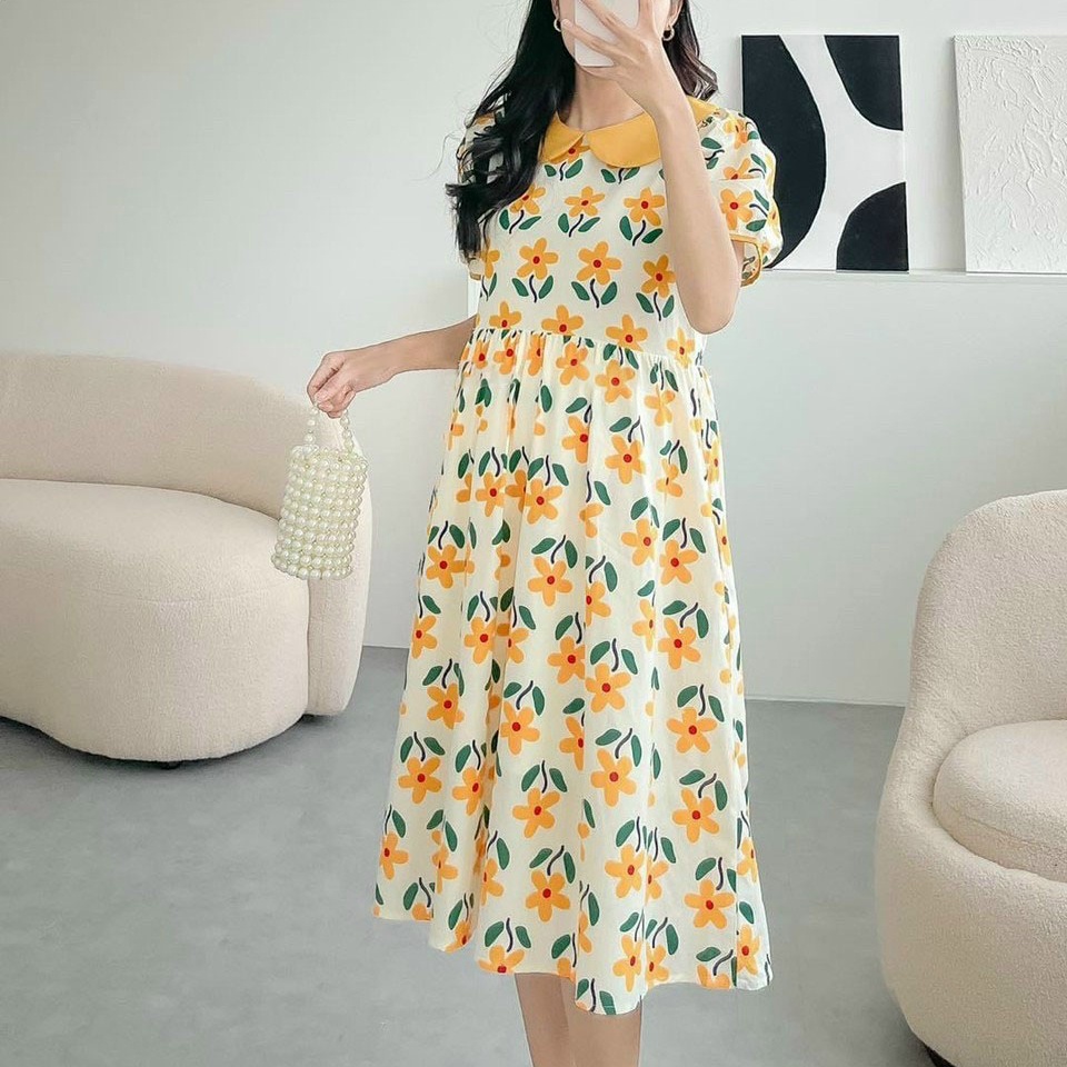 Đầm Bầu Babydoll Thiết Kế Thời Trang Phong Cách Hàn Quốc Họa Tiết Hoa Màu Đỏ Vàng Chất Thô Nến Cao Cấp Fullsize 40-85kg