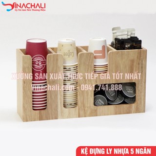 Khay Đựng Ly Trà Sữa, Kệ Đựng Ly Nhựa, Cốc Giấy, Khăn Giấy, Túi Cafe, Túi Trà 5 Ngăn - Gỗ Tự Nhiên - KTS09
