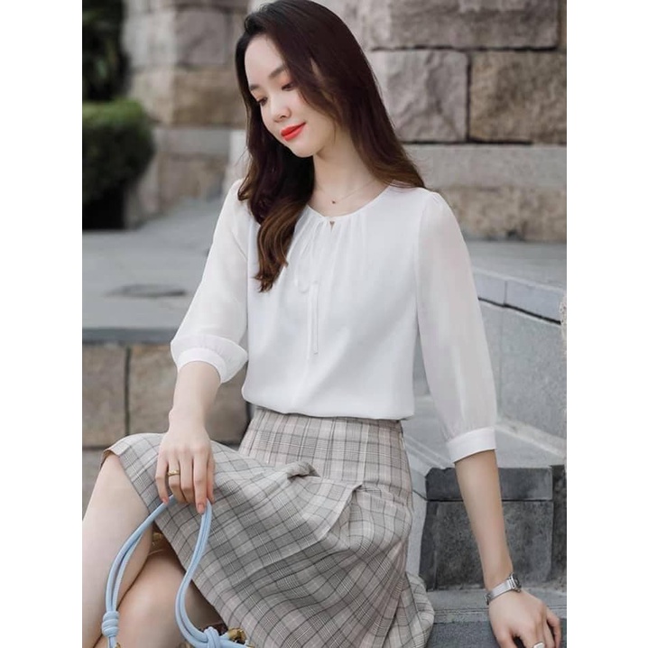 Áo Sơ Mi trung niên nữ U30 U40 U50, Áo Công Sở Nữ Tay Lỡ Họa Tiết Dây Nơ Vải Voan Thanh Lịch,Thời trang công sở_Store