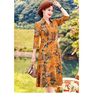 Đầm trung niên thun quảng châu tặng mẹ màu cam vàng