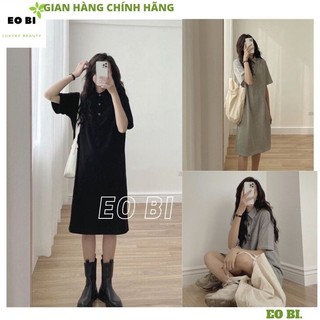 Váy polo suông tay lỡ chất thun zíp - Đầm nữ cổ đức dáng dài rộng 2 màu đen xám phong cách ulzzang hàn quốc - EOBI