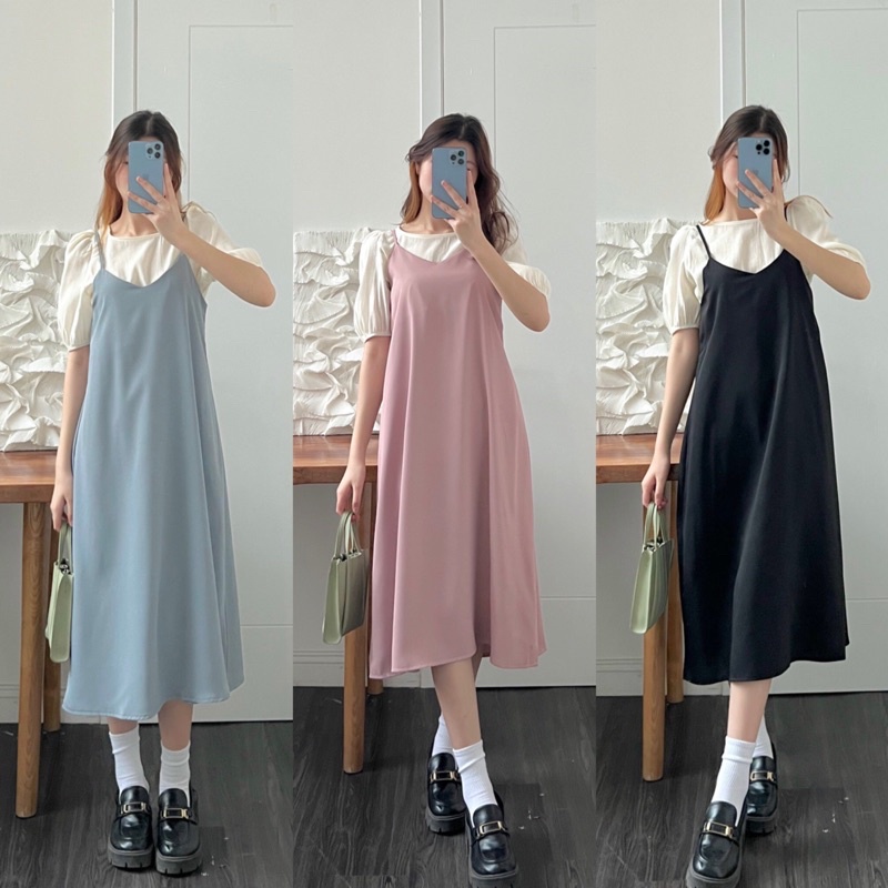 Set váy 2 dây nữ dáng suông áo sơ mi cổ tròn vai bồng b238402 by germe