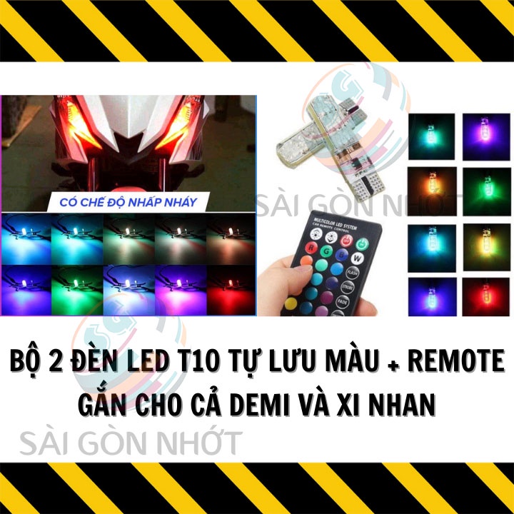 Bộ 2 đèn LED T10 REMOTE gắn cho DEMI và XI NHAN, lưu nhiều màu siêu sáng bọc silicon cho xe máy, oto