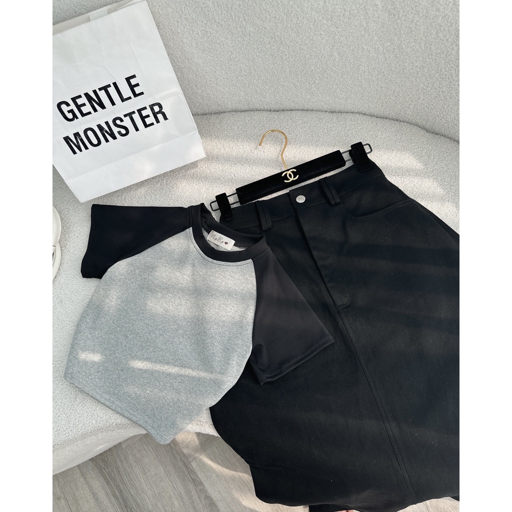 SET ÁO RAPLAN XÁM TAY ĐEN CROPTOP + CHÂN VÁY MIDI ĐEN