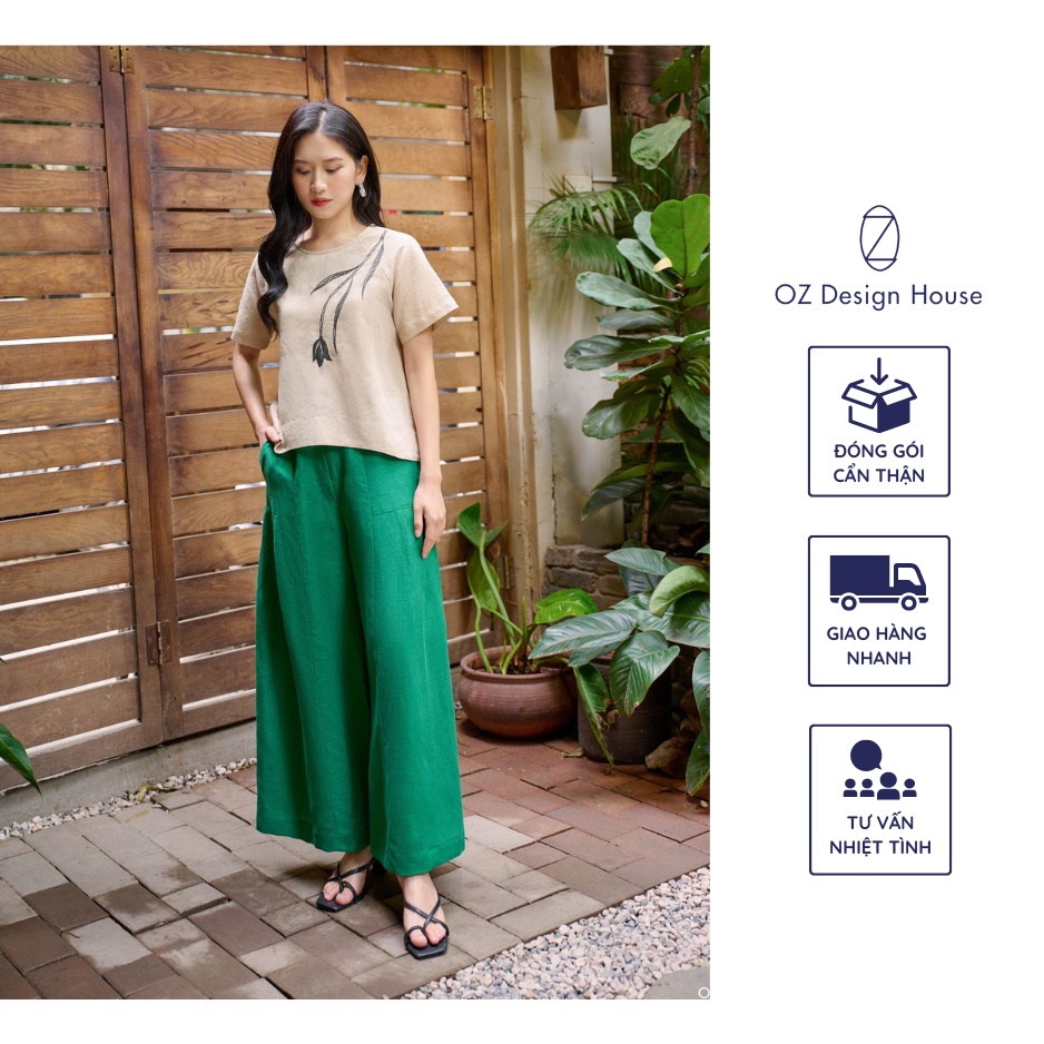 Quần nữ ống rộng OZ Design House QU19343SUM23 thô chéo Hàn túi chéo màu xanh lá cây