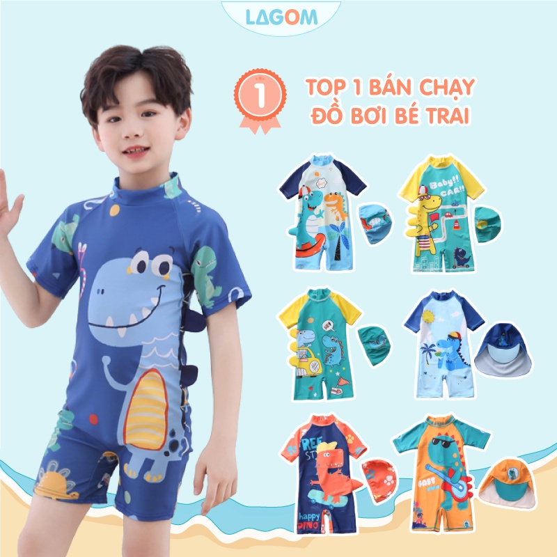 Đồ Bơi Cho Bé Trai  Mũ Chống Nắng| Bộ Bơi Bé Trai Liền Thân Hình Khủng Long Dễ Thương