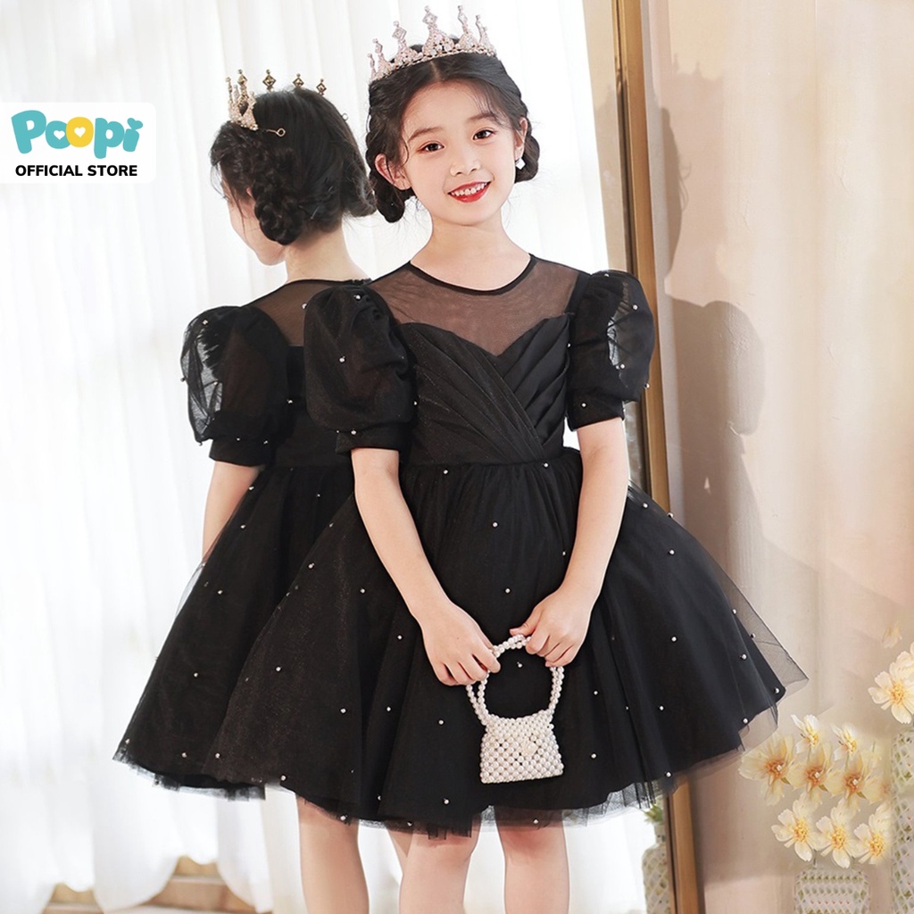 Váy Công Chúa Bé Gái Poopi Màu Đen Vải Voan Đính Cườm Phong Cách Đầm Mùa Hè Cho Bé