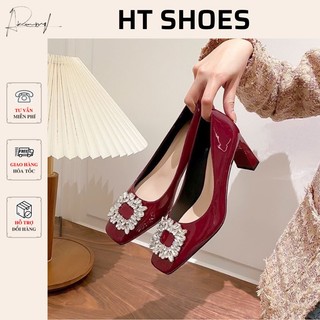 Giày cao gót nữ phong cách Pháp cao cấp da bóng đế cao 8cm mũi vuông lên dáng sang chảnh quý phái