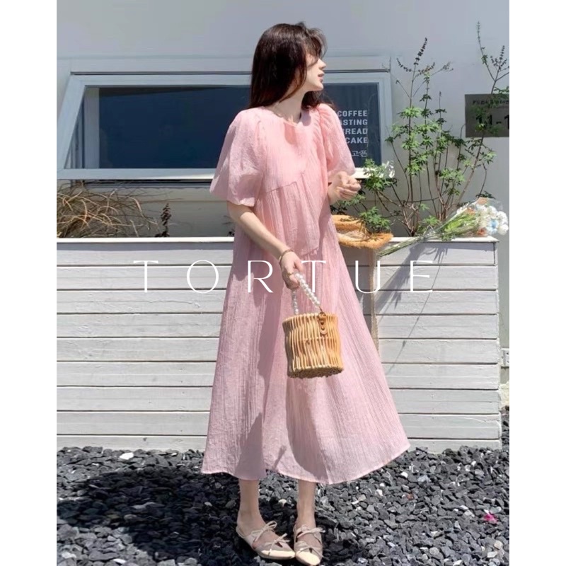 V071 Váy đầm dài tay phồng màu hồng phong cách Retro Vingtage Hàn Quốc mới 2023