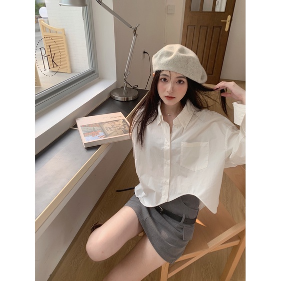 QKOOLE Áo sơ mi nữ  dài tay cổ bẻ dáng rộng thời trang Hàn Quốc