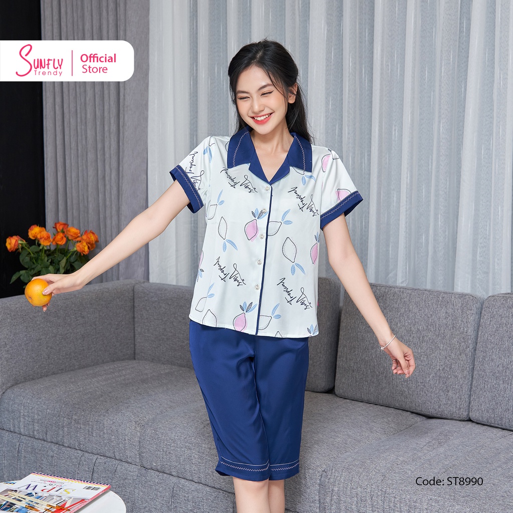 Bộ Đồ Mặc Nhà Nữ Pyjamas Lụa SUNFLY Áo Cộc Quần Ngố ST8990